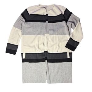 Calvin Klein Striped Knit‎ Cardigan Duster Open Long Sleeve Gray White Black L